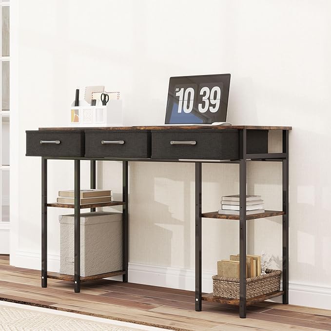 HOMCOM 47 Computer Desk with 3 Fabric Drawers Home Office Desk with Adjustable Shelves Small Writing Desk with Storage Rustic Brown