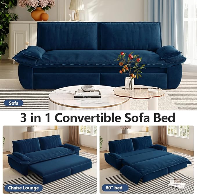 73.2 Queen Size Sofa Bed 3 in 1 Convertible Pull Out Sleeper Sofa with Thicked Cushions and Side Storage Velvet Loveseat Couch for Home Living Room Bedroom Apartment Lounge Small Spaces Blue