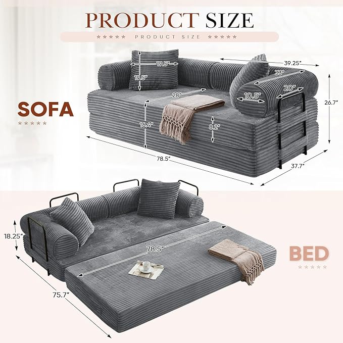 Antetek Modular Couch Bed Convertible Folding Plush Corduroy Comfy Floor Compression Loveseat Sleeper Sofa Couch King Size Bed for Guest Room Living Room Bedroom No Assembly Required Light Grey