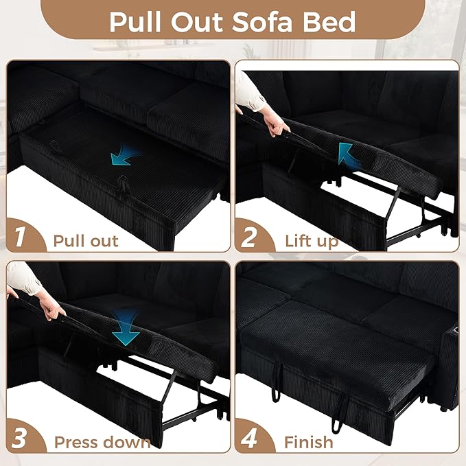 Sectional Sleeper Sofa with Pull Out Bed Plush Corduroy L Shaped Corner Couch with Storage USB Ports Cup Holders Comfy Sectional Couches for Living Room Black | Modular Couch for Apartment Tool