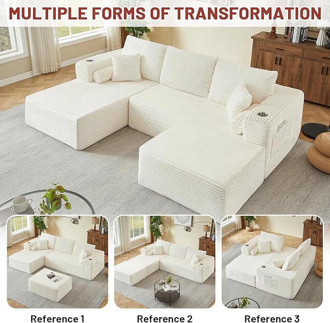 107 U Shaped Boneless Couch with Ottoman Cloud Modular Sectional Sofa with Cup Holders and Pillows Corduroy Upholstered Couches for Living Room Couch with Chaise No Assembly Cream | Modular Desig