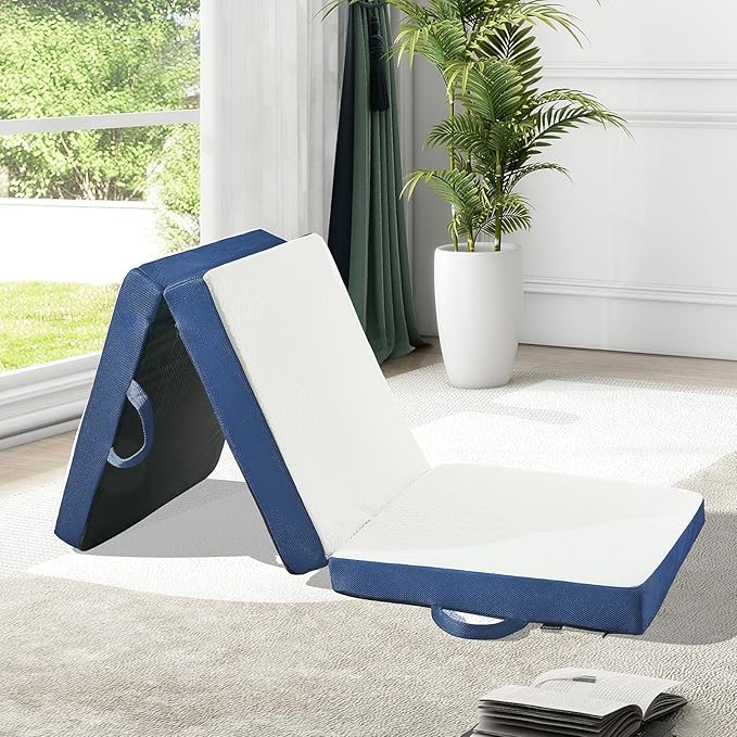 CYMULA Folding Mattress Single Size4 inch Memory Foam Tri-Fold Single Floor Mattress Topper with Breathable &amp Washable CoverLightweight Foldable Mat for CampingNaps and Guests(25×75×4)