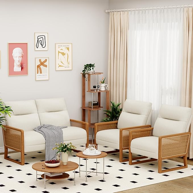 HAOBO Home Small Loveseat Sofa Mini Couch Upholstered Settee Bench with Rattan Arms Linen Small Sofa Couch for Living Room Dining Room Bedroom Funiture