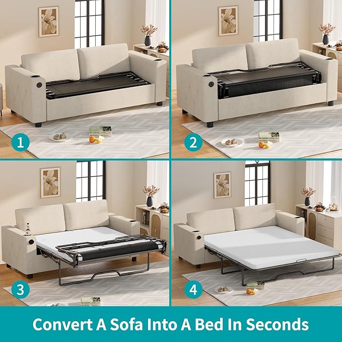 BALUS Pull Out Sofa Bed 2-in-1 Convertible Sofa Couch with Memory Foam Mattress Queen Size Sleeper Couch with Inbuilt Cup Holder &amp USB Ports for Living Room White