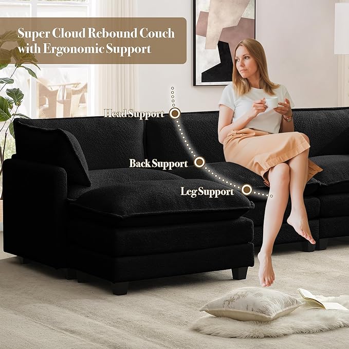 ROWHY 112'' Modular Sectional Cloud Couch with Movable Ottoman 4 Seat Modern Chenille Sofa with 2 Throw Pillows Deep Seat L Shaped Couch for Living Room Bedroom Apartment Black | Arrange Freedom P