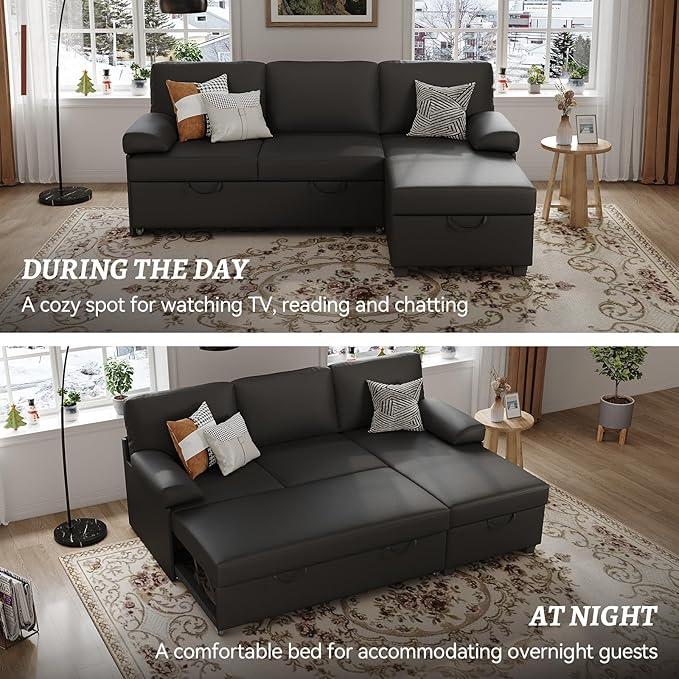80 inch Convertible Sectional Sofa L-Shaped Sofa Sleeper with Reversible Chaise Faux Leather Couch Bed with StorageRemovable ArmrestModern Pull Out Bed for Living Room BedroomBlack
