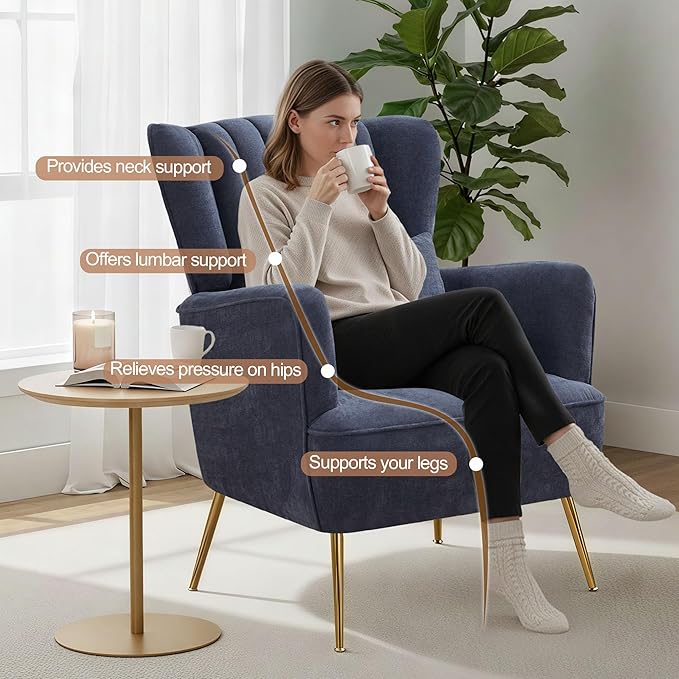 Chenille Accent Chair Set of 2 with Lumbar Pillow Modern Wingback Chair for living room with Metal Legs Upholstered Arm Chair with Thick Cushion Reading Chairs for bedroom Comfy Sofa Chair Blue