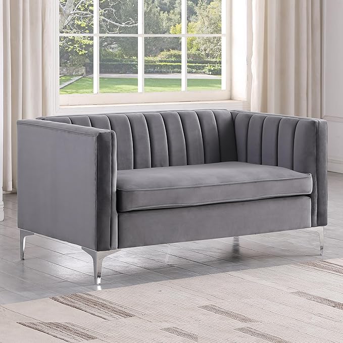 Morden Fort Velvet Loveseat Sofa 55 Modern Soft Loveseat Easy to Clean and Install Furniture Small Loveseat for Living Room Lounge Office to Read and Relax Grey