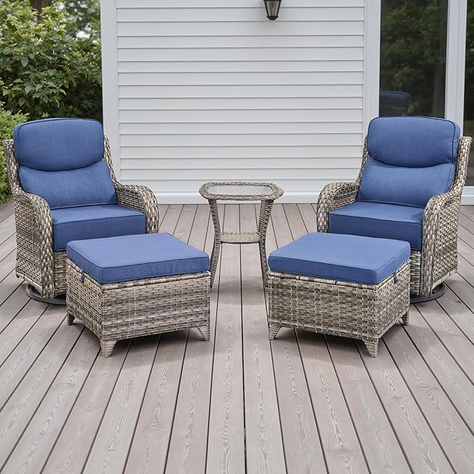 Rilyson Wicker Outdoor Patio Furniture Set - 5 Piece Patio Conversation Sets with Swivel Rocker Chairs Ottomans and Side Table 6 inch Cushions Waterproof Wicker for Porch Deck Mixed Grey/Blue