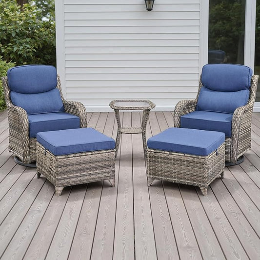 Rilyson Wicker Outdoor Patio Furniture Set - 5 Piece Patio Conversation Sets with Swivel Rocker Chairs Ottomans and Side Table 6 inch Cushions Waterproof Wicker for Porch Deck Mixed Grey/Blue