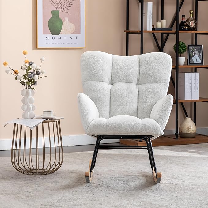 Setawix Teddy Fabric Rocking Accent ChairMid Century Modern Rocking Glider ArmchairLeisure Tufted Rocker Arm Chair for NurseryBedroomLiving Room (Teddy Ivory 27.6)