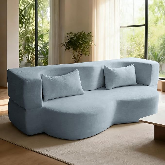 78.35 Modern 2-in-1 Convertible Curved Loveseat Sofa Bed Floor Love Seat Couch Teddy Fabric Memory Foam Cloud Couch with 2 Pillows No Assembly for Living Room Apartment Small Space (Blue)