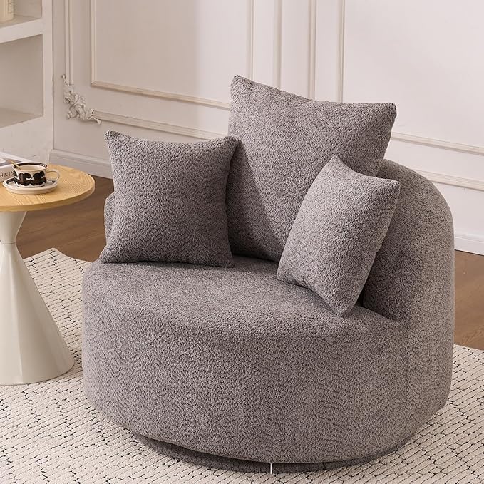Oversized Swivel Accent Barrel Chair Comfy Deep Seat Round Single Sofa with Pillows Oversized Swivel Round Armchair Full Sponge Compression Chair for Living Room Bedroom (Grey 38 inch)