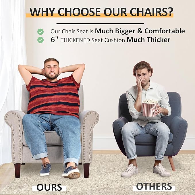 PrimeZone Comfy Accent Chair Set of 2 Mid-Century Modern Fabric Living Room Chair Reading Chair with Soft Cushion Nailhead Trim &amp Rolled Armrest Arm Chair Sofa Chair for Bedroom Waiting RoomBe