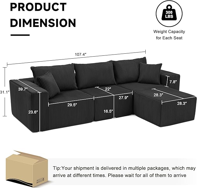 Cloud Couch Sectional Modular Sofa with Deep Seat Plush Corduroy U Shaped Boneless Couch Convertible Sectional Couches for Living Room (Black 3 Seater &amp 1 Ottoman)