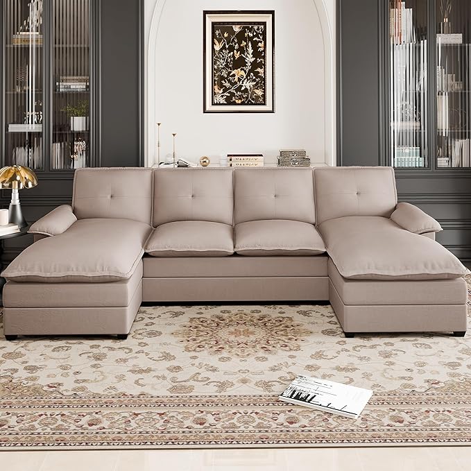 110 Sectional Couches for Living Room4 Seat U Shape Modular Couch with Thick Cushion &amp Soft BackrestUpholstered Sofa Couch with Double ChaiseBeige