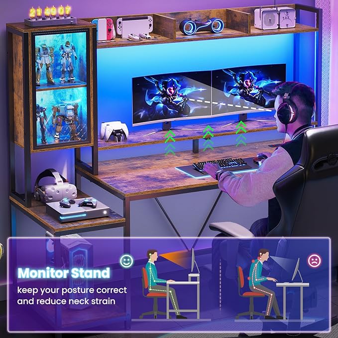 SEDETA Gaming Desk 60'' Gaming Desk with Hutch and LED Lights Computer Desk with Storage Shelves Large PC Gamer Desk with Display Cabinet Monitor Stand Power Outlet for Home Office Rustic Brown