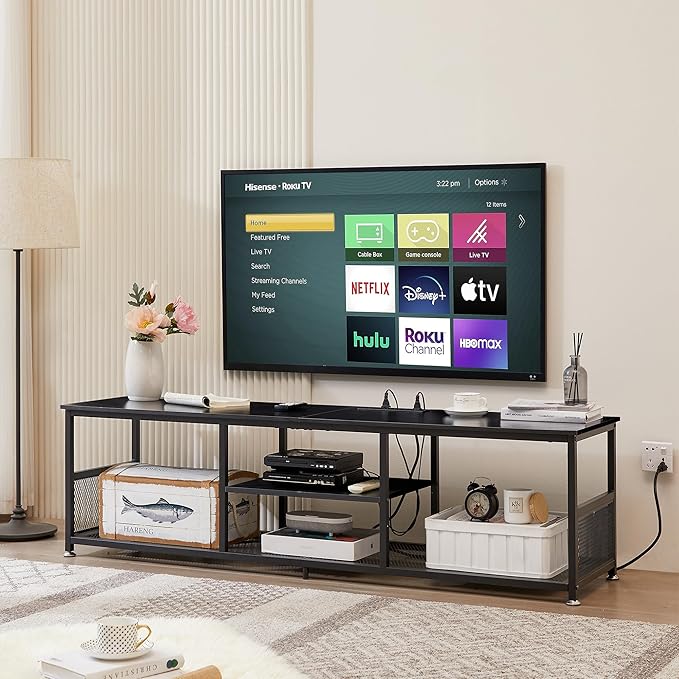 VECELO TV Stand with Power Outlets for Televisions up to 75Inch 62 Media Entertainment Center with Charging Station 3-Tier Open Storage Shelves with Metal Frame for Living Room/BedroomBlack