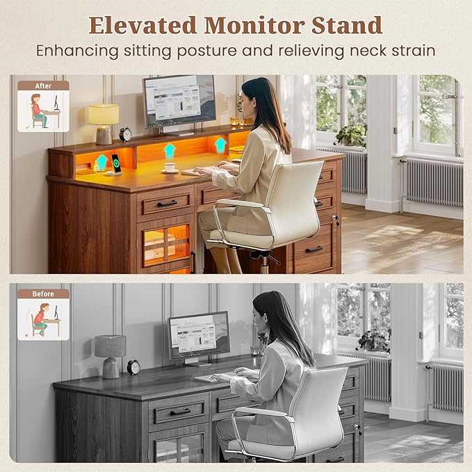 60'' Farmhouse Executive Desk with Drawers Home Office Desk with Power Outlet &amp LED Light Wood Computer Desk with Monitor Stand Locking File Drawer Glass Storage Cabinet Hooks