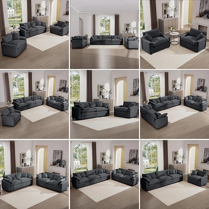 mikibama Luxury 3 Piece Sofa Set 3-Seater &amp 2 Single Sofa Set Modern Corduroy Comfy Cloud Couches Set for Living Room Office with 2 Armrest Pillows and 5 Toss Pillows Grey