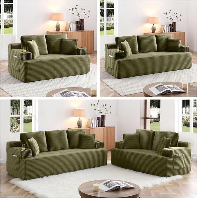 86.2'' Boneless Sofa Couch with Cup Holders &amp Side Pockets Modern Corduroy Fabric Upholstered 3-seat Couch with 2 Throw Pillows for Living Room Office No Assembly (Green)