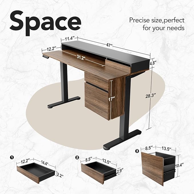 HUANUO Standing Desk with Drawers and File Cabinet 47 Inch Electric Height Adjustable Desk with Storage Ergonomic Stand Up Table Compatible with Monitor Stand Black Walnut