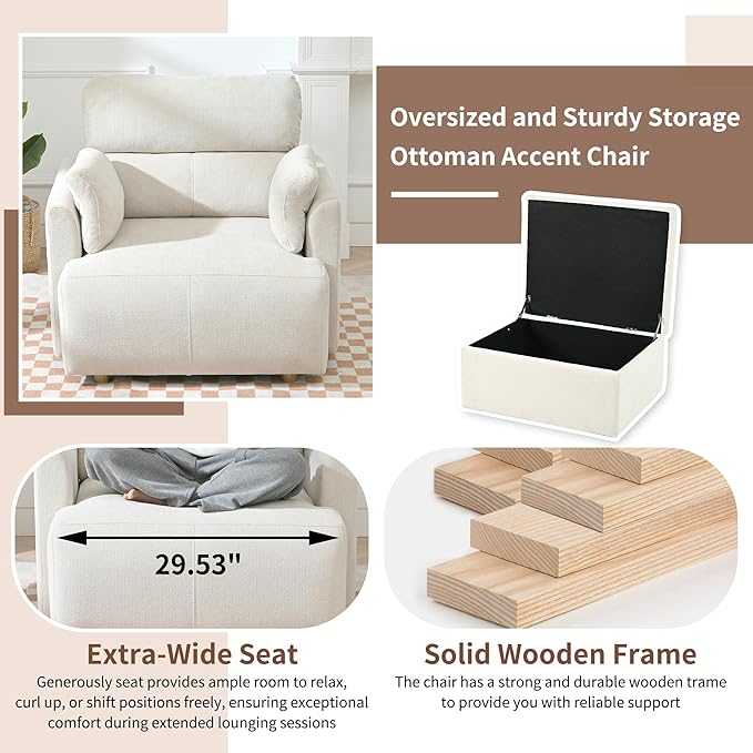 Snowflake Fleece Oversized Accent Chair with Storage Ottoman - 26.57 Wide Deep Seat Reading Chair Convertible Daybed 400lbs Capacity for Living Room &amp Apartment (Beige)