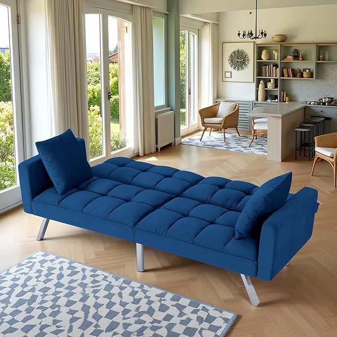 78 Modern Sofa Bed FutonConvertible Sleeper Bed Couch with 4 Reclining BackrestComfy Velvet Cloud Sofa Loveseat for Living Room Bedroom Office (Navy)