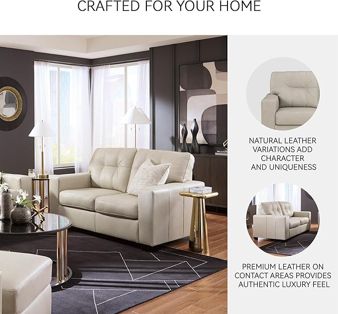 Signature Design by Ashley Santorine Classic Leather Match Loveseat with Tufted Cushion and Removable Cushion Light Gray
