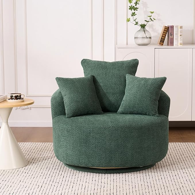 40” Greeen Round Swivel Chair with 3 Pillows &amp Thick Cushion Oversized 360° Swivel Accent Chair Modern Boucle Armchair for Nursery Living Room Bedroom Club