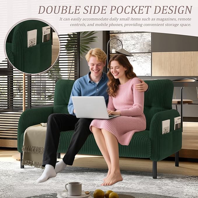 47 Loveseat Sofa Small Couches for Small Spaces Comfy Corduroy Solid Wood Frame Modern Deep Seat 2 Seater Couch with Side Pockets for Bedroom Living Room Apartment Office (Emerald)