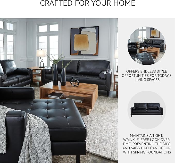 Signature Design by Ashley Bryceview Contemporary Leather Match Tufted Sofa with 2 Bolster Pillows Black