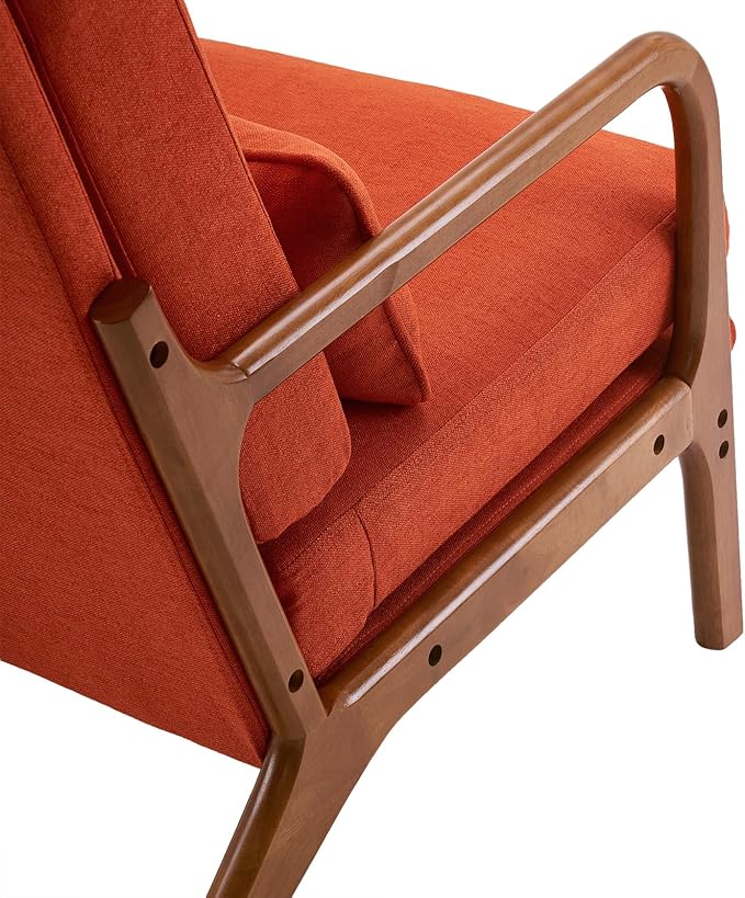 Accent Chair with Pillow - High Back Reading Armchair with Solid Wood Armrest - Iron Frame and Linen - Lounge Chair with Back and Seat Cushion - Sofa Chair for Bedroom Living Room - Orange