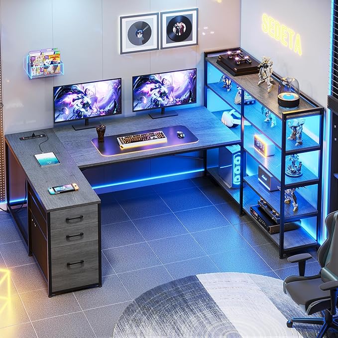 SEDETA Corner Computer Desk Reversible U Shaped Office Desk with 3 Fabric Drawers and Power Outlet Corner Gaming Desk with LED Lights Storage Shelves Grey
