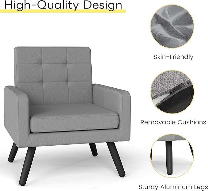 Kromax Mid-Century Modern Accent Chair for Living Room 496 Lb. Weight Capacity Dual Armrests Comfy Extra Large Seat Timeless Style Perfect for Reading &amp Relaxing Light Grey