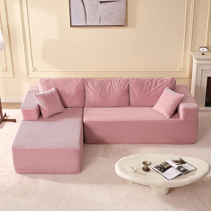 107 Boneless Couch with Deep Seat Set of Modular Sectional Sofa Cloud Sectional Couch for Living Room No Assembly Required Corduroy L-Shape Left Pink