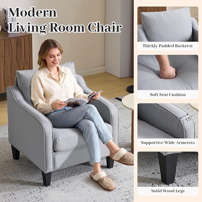 Accent Chair for Living Room Set of 2 Modern Linen Fabric Upholstered Armchair Comfy Reading Chair for Bedroom Mid Century Single Sofa Chair with Solid Wood Legs for Apartment Office Grey
