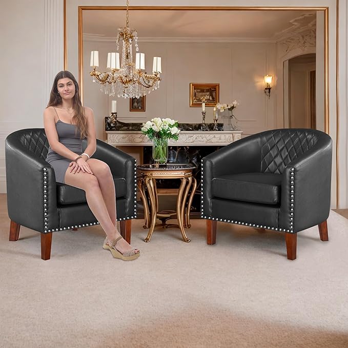 Prilinex Comfy Barrel Accent Chair - Faux Leather Living Room Chair Club Chair with Cushion Diamond Grid Backrest &amp Nailhead Trim Guest Chair for Office Bedroom &amp Waiting Room Black