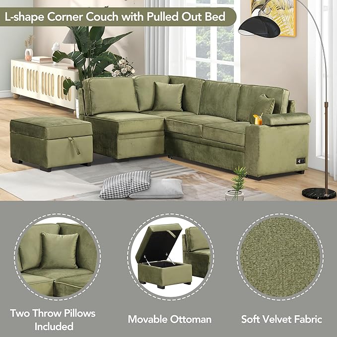 Merax Sofa Bed Sleeper Couch L Shaped Sofa with Storage Ottoman and Cup Holder L-Shape Sectional Couch with Comfortable Backrest and Charging Function for Living Room and Small Apartment (Green)