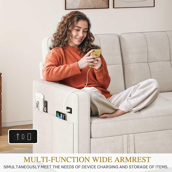 DWVO 55 Convertible Sofa 3-in-1 Sleeper Sofa with Pull-Out Velvet Futon Couch with Adjustable Backrest and USB Modern Loveseat for Living Room Apartment Light Beige