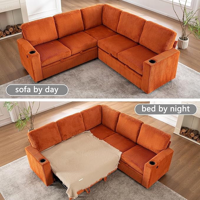 83 Modular Sectional Sleeper Sofa with Pull Out Bed Plush Corduroy L-Shaped Corner Couch with Storage USB Charger Cup Holders 5-Seater Sectional Couches for Living Room Apartment Orange