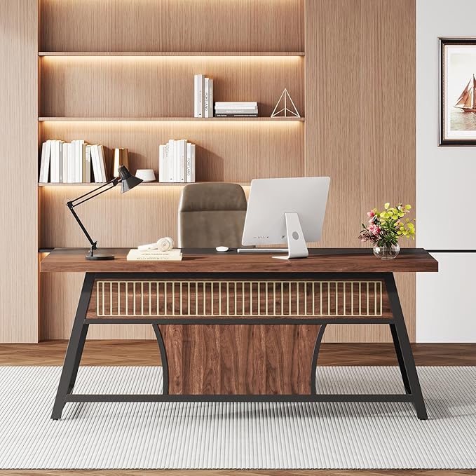 63-inch Executive Desk with Storage Shelf Large Home Office Desk with Metal Frame &amp LED Light Long Computer Desks for Home Office Walnut and Black