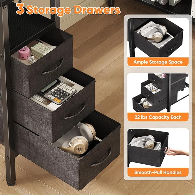 DUMOS L Shaped Desk with Shelf Drawers 47 Inch Black Corner Computer Desks Gaming with Power Outlet Study Table with Adjustable Shelves Home Office Tables for Bedroom Teacher Reading Writing