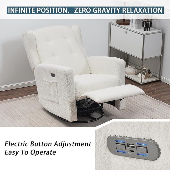 Power Swivel Rocking Recliner Chair High Back Electric Rocker Nursery Glider Chair USB and Type-C Ports Upholstered Teddy Fabric Reclining Single Sofa Chair for Living Room (Teddy Beige)