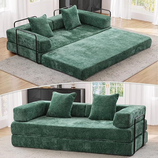 Antetek Modular Futon Sofa Bed Convertible Folding Chenille Comfy Memory Foam Floor 3 Seater Loveseat Sleeper Sofa Couch Bed Chaise Lounge with 2 Pillows for Guest Room Living Room Office Green