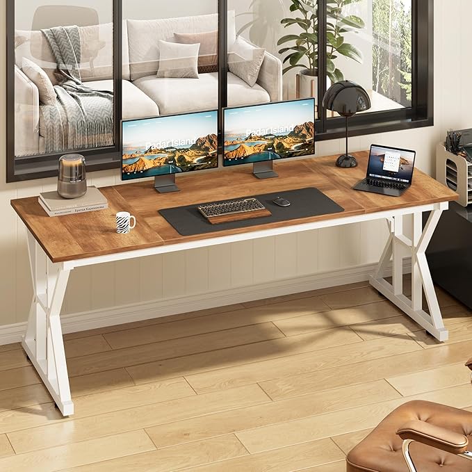 TVU Computer Desk 63 inch Large Office Desk Study Writing Table with Thicken Frame Gaming Desk Modern Simple Desk for Home Office Brown