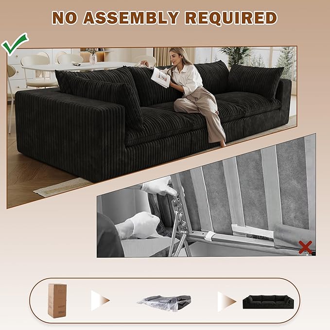 Oversized 118 W Corduroy Boneless Couches for Living Room No Assembly Required 3-Seaters Modular Sectional Sofa with Removal Cushion Comfy Plush Upholstered Couch for Apartment/Office (Black) | Co