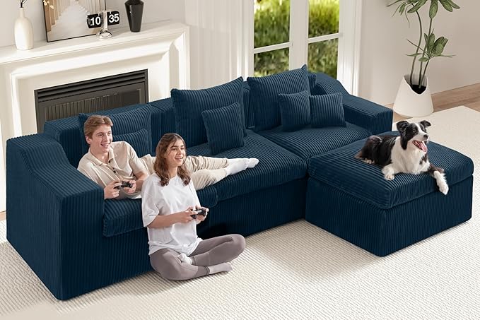 101 Modular Couch Sectionals with Ottoman Big Comfy Cloud Couches L Shaped 4 Seat Modular Sectional Sofa Sectional Double Cushion Couches with Deep Seat for Living RoomNo Assembly Required(Blue)