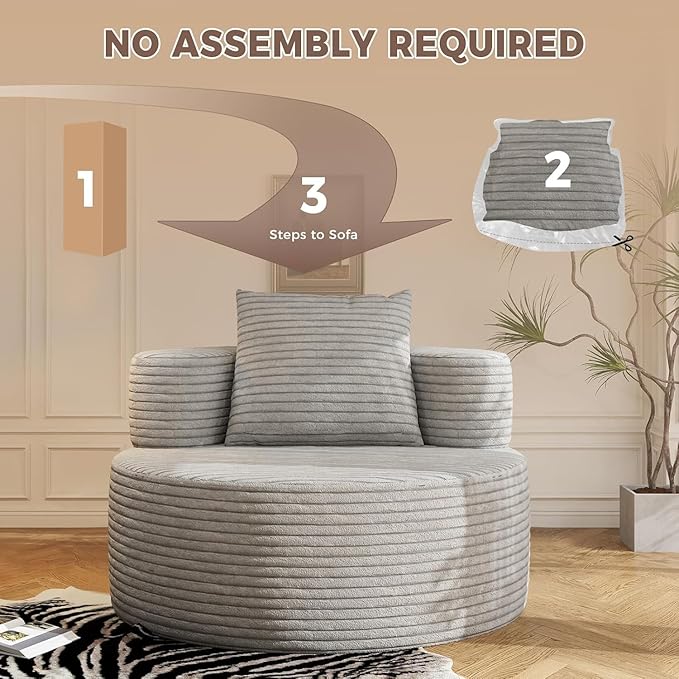 37.4 Oversized Boneless Chair Round Chaise Lounge Boneless Accent Chair Indoor Upholstered Corduroy Deep Seat Sofa Chair No Assembly Required for Living Room Bedroom Apartment