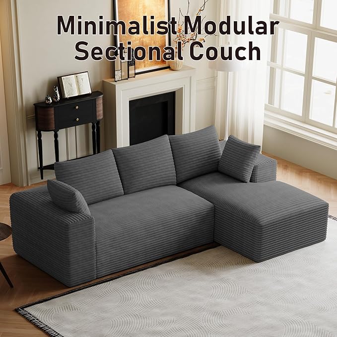 Modular Sectional Sofa Cloud Couch107 Comfy L Shaped Sectional Couches for Living RoomModern Deep Seat Cozy Fluffy Corduroy Boneless Couch Sectionals Sofa with Chaise(Right FacingDark Grey)